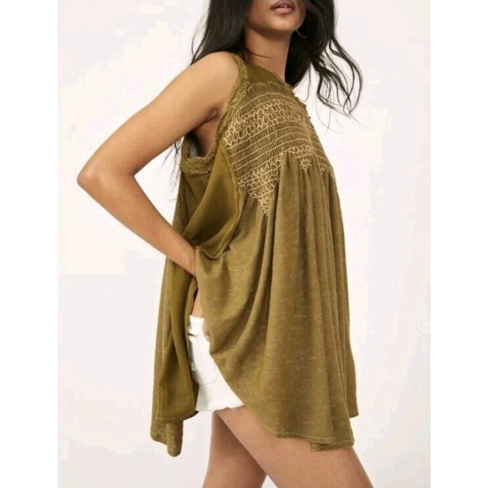 Free People Sea Breeze Tunic Medium Green Oversized‎ Sleeveless Flowy Boho NWT